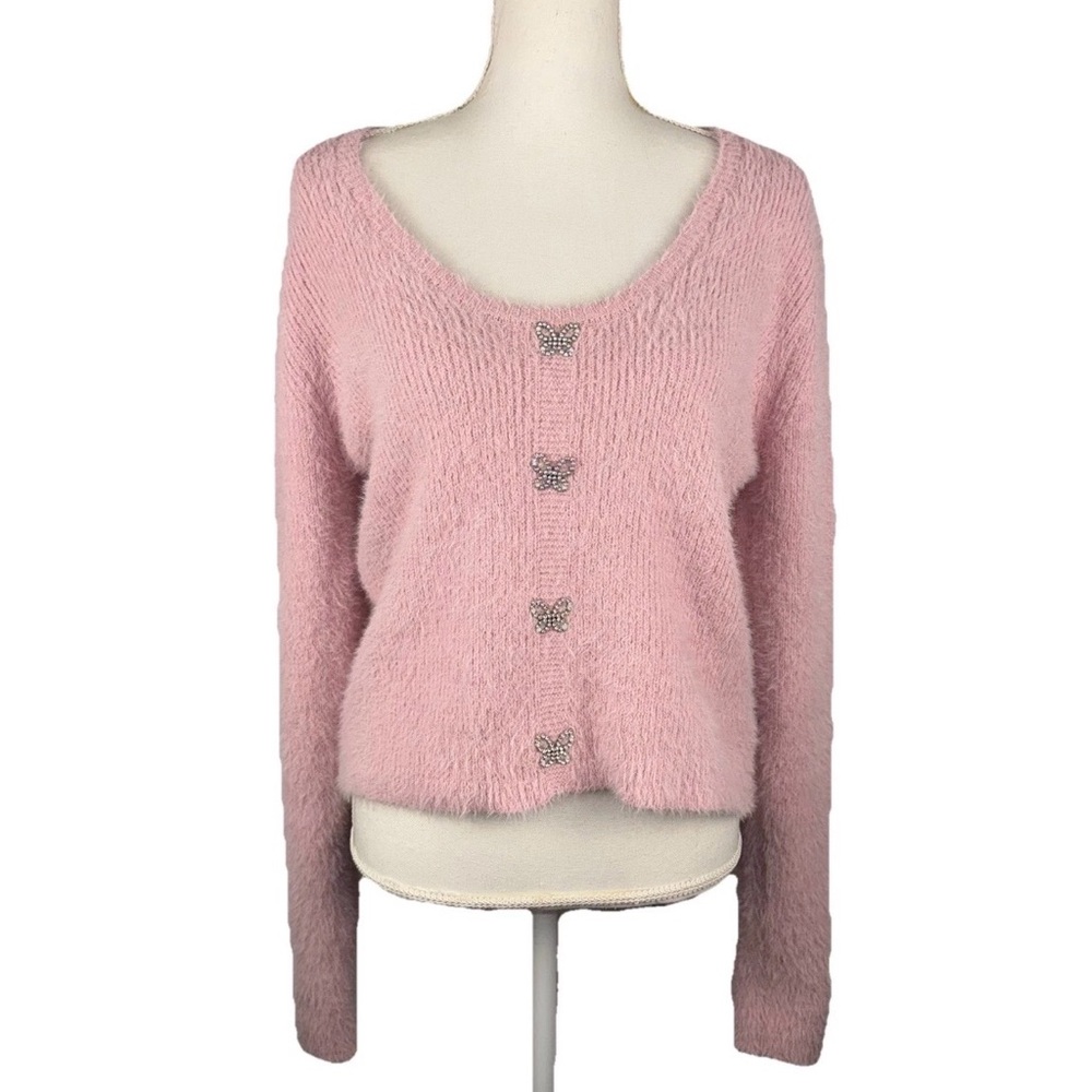 Pink Fuzzy Sweater XXL Rhinestone Butterfly Y2K Croquette Cozy Valentines Soft